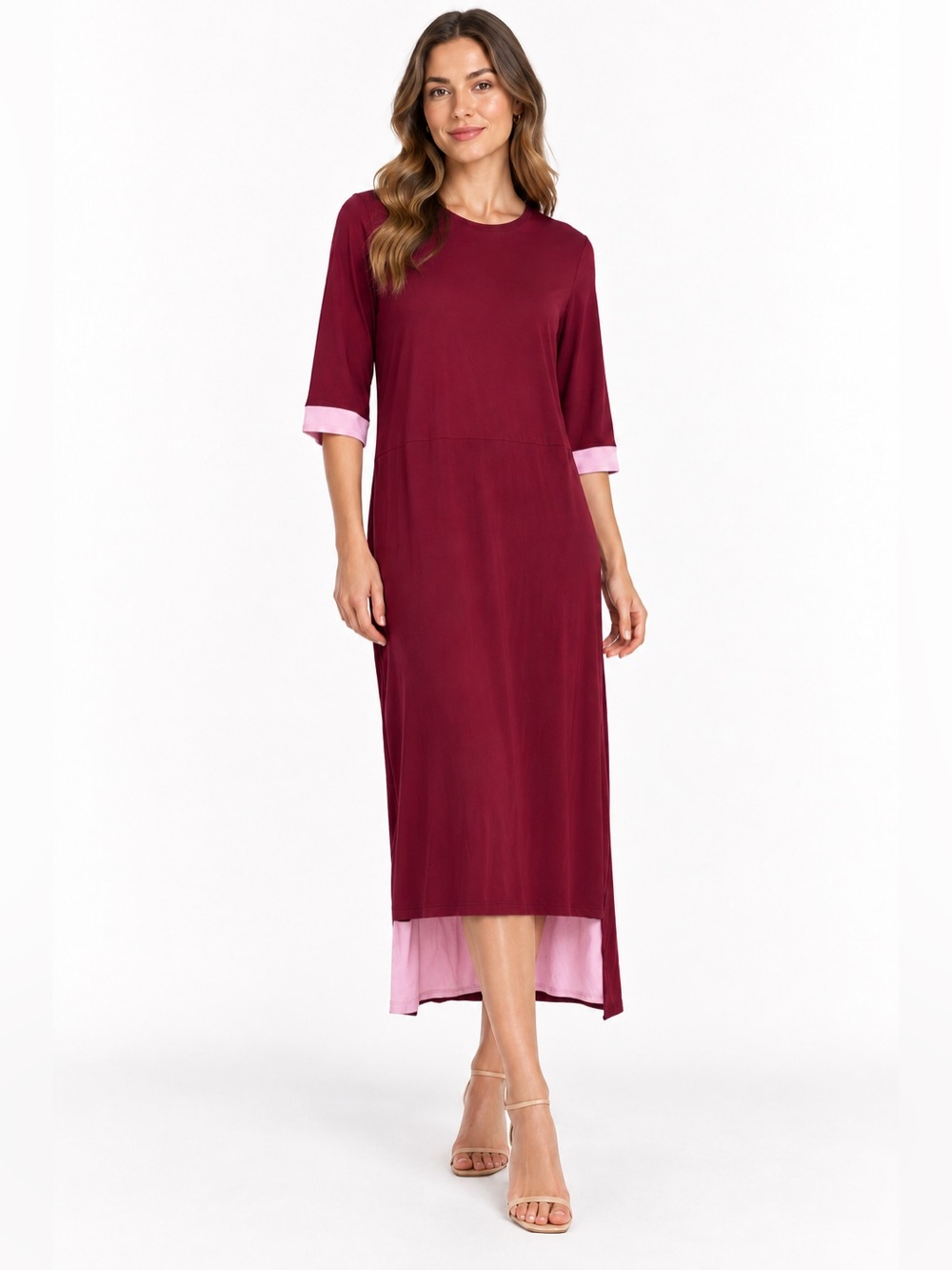 NWT Linear Asymmetrical Burgundy and Pink Stretchy Dress. Size XS